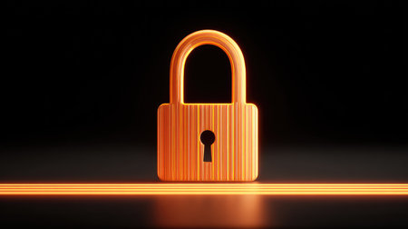 A captivating 3D illustration of an orange lock on a black background with glowing lines, representing themes of security and privacy in a digital world. Ideal for safety concepts.の素材