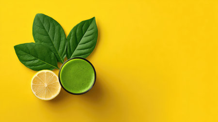 Vibrant green smoothie in a black glass beside a lemon half and fresh green leaves, creating a fresh and healthy atmosphere on a bright yellow backdrop. Perfect for wellness themes.の素材