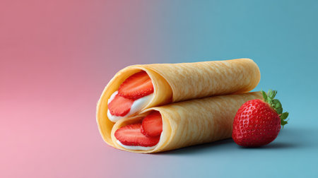 Enjoy a mouthwatering view of fresh strawberry crepes filled with creamy whipped cream, set against a vibrant background, perfect for enticing dessert images.の素材