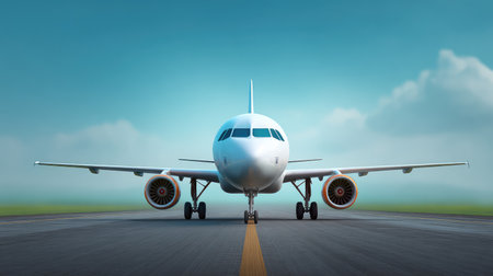 A sleek modern jet aircraft stands poised on the runway under a bright blue sky, ready for takeoff, embodying the essence of air travel and adventure in a dynamic environment.の素材