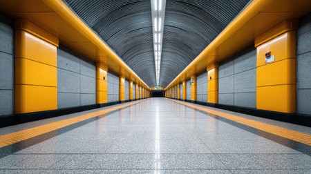A striking underground corridor showcasing sleek yellow accents and reflective flooring, perfect for highlighting modern urban transit environments.の素材