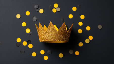 A stunning golden glitter crown placed on a dark background, surrounded by colorful shiny confetti, ideal for celebration themes, parties, or festive occasions.の素材
