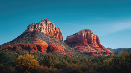 Experience the breathtaking beauty of Sedona's iconic red rock formations set against a backdrop of lush greenery and a bright blue sky, perfect for outdoor lovers and photographers.の素材