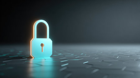 A stylized digital lock icon set against a dark and futuristic background, symbolizing security, protection, and the importance of data privacy in the digital age.の素材