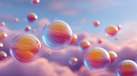 A captivating scene featuring iridescent bubbles floating gracefully above soft clouds during a tranquil sunset, creating a serene and dreamy atmosphere with enchanting colors.の素材