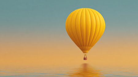 A vibrant yellow hot air balloon gracefully floats above still water, reflecting soft dawn colors of blue and orange, creating a serene and peaceful scene perfect for inspirational imagery.の素材