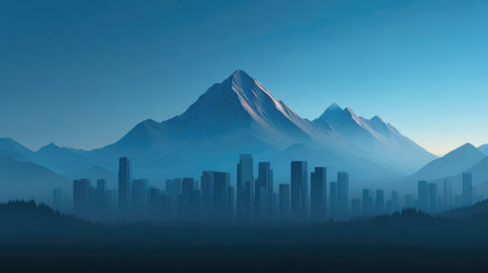 Captivating view of a mountainous landscape that features a city skyline in silhouette, enveloped in a serene atmosphere at dawn with calming blue hues.の素材