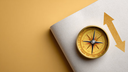 A golden compass rests atop a map featuring a directional arrow, symbolizing navigation and exploration. Ideal for travel, adventure, and discovery themes.の素材