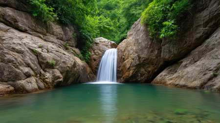 This captivating waterfall flows into a tranquil pool, surrounded by lush greenery and rugged rocks, creating a peaceful oasis in nature, ideal for relaxation and photography.の素材