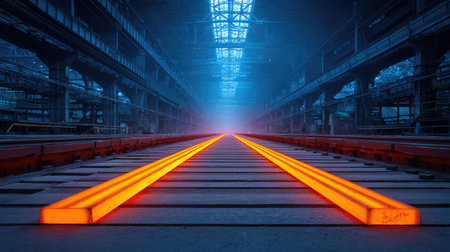 An evocative image showcasing glowing steel rails illuminated in an eerie industrial warehouse, creating a compelling visual narrative filled with mystery and innovation.の素材