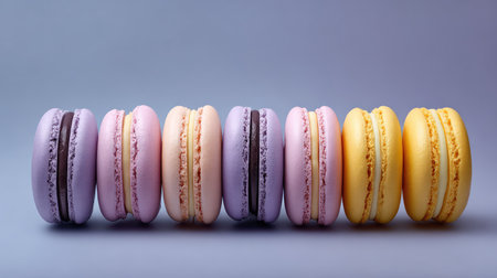 A stunning arrangement of colorful French macarons in pastel shades lined up against a soft gray background, ideal for showcasing culinary creativity and dessert aesthetics.の素材