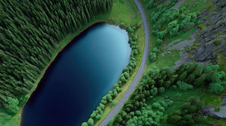 Experience the beauty of nature with this aerial view showcasing a tranquil lake encircled by green forests and a winding road, capturing the essence of serenity and outdoor exploration.の素材
