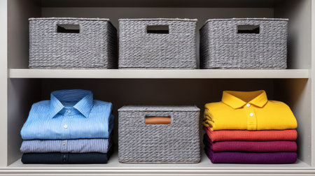 This image features a well-organized closet shelf with neatly folded shirts in various colors, paired with stylish storage baskets, embodying a modern approach to home organization.の素材