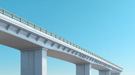 This image features a modern concrete bridge elevated against a clear blue sky, emphasizing sleek design and architectural beauty in a tranquil urban landscape.の素材
