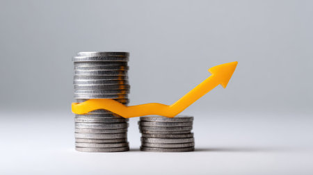 An artistic depiction illustrating financial growth through stacked coins and a bright yellow arrow, symbolizing upward trends in investment and economic success.の素材
