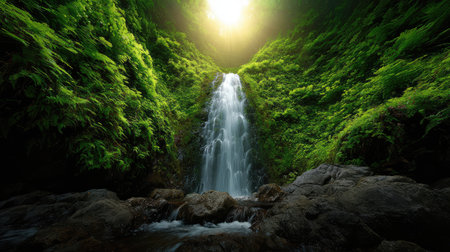 A stunning waterfall flows gracefully through vibrant green foliage, illuminated by bright sunlight, creating a tranquil and refreshing natural scene for relaxation and exploration.の素材