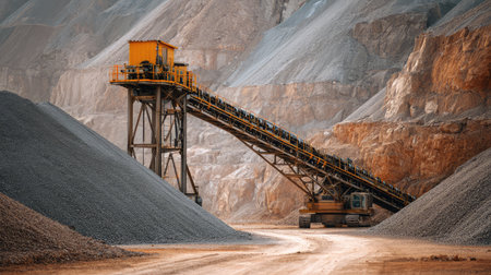 A large industrial conveyor belt system transports gravel within an expansive quarry landscape, showcasing heavy machinery and rugged terrain involved in mineral extraction.の素材