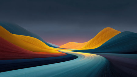 This stunning abstract landscape features vibrant flowing curves and a serene gradient of colors, creating a peaceful and dreamlike atmosphere perfect for modern decor or digital art.の素材