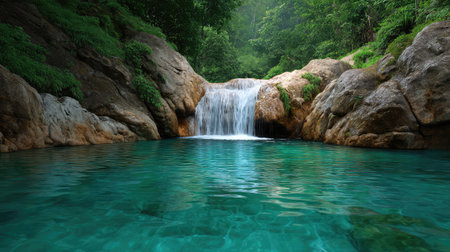 A stunning view of a waterfall spilling into a clear turquoise pool, surrounded by vibrant greenery and rocky formations, highlighting the beauty of nature and tranquility.の素材