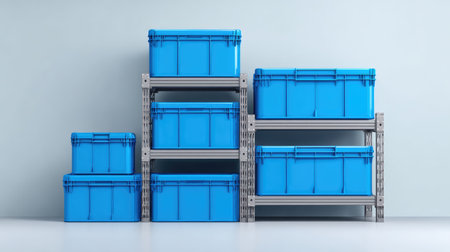 A collection of blue storage boxes arranged on sleek shelving units, perfectly designed for organization in modern homes or offices, emphasizing efficiency and style.の素材