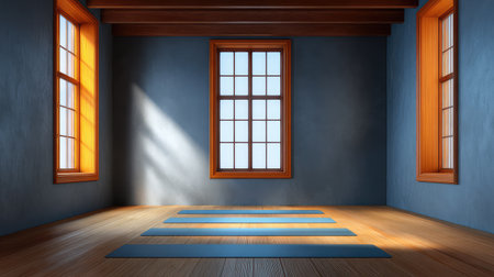 A serene yoga studio featuring wooden floors and large windows, creating an inviting space filled with natural light for relaxation and mindfulness practices.の素材