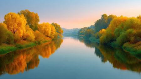 A breathtaking autumn landscape featuring a calm river with golden trees reflected in the serene water under soft morning light, perfect for nature lovers and tranquil settings.の素材