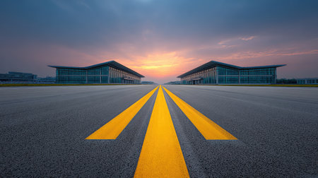 A peaceful and inviting scene of an airport runway at dusk, showcasing modern terminal structures and a beautiful sunset, perfect for travel and transportation themes.の素材