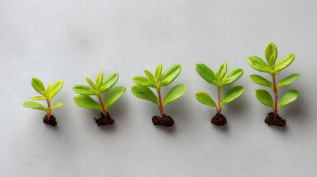 This image depicts the growth stages of green seedlings, showcasing the beauty of nature and the importance of nurturing plants in a minimalist setting.の素材