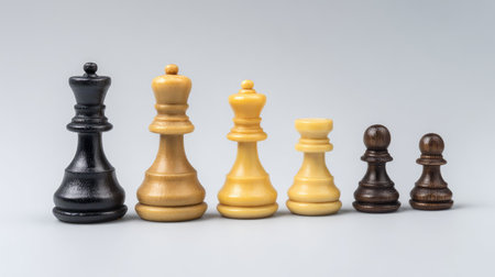 A captivating arrangement of chess pieces in various sizes, highlighting the elegance and craftsmanship typical of a quality chess set, perfect for strategy and creative thinking illustrations.の素材
