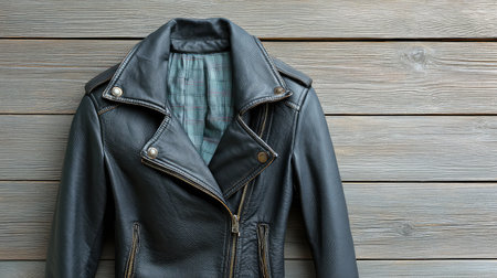 A stylish black leather biker jacket laid against a rustic wooden background. Ideal for showcasing modern fashion trends in various creative and retail projects.の素材
