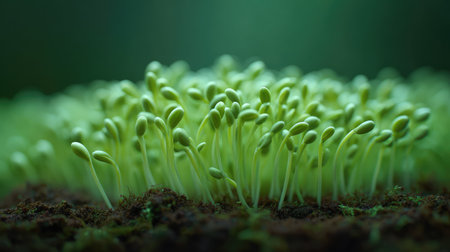 A vivid scene of fresh green seedlings sprouting from the soil, surrounded by a softly focused forest background, symbolizing nature's resilience and the beauty of growth.の素材