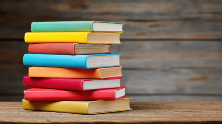 A vibrant stack of books in different colors resting on a wooden table against a rustic background, ideal for educational themes, reading, and creative projects in various contexts.の素材