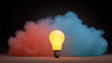 A vibrant yellow light bulb emits a warm glow, enveloped in a swirling mix of blue and red smoke, creating a striking visual composition that represents creativity and inspiration.の素材