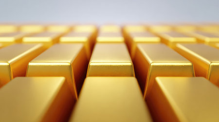 A closeup of neatly arranged gold bars, showcasing their luster and solidity, ideal for representing themes of wealth, investment, and financial prosperity in various industries.の素材
