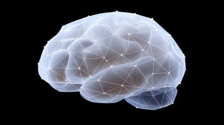 This abstract illustration showcases a human brain design created with geometric shapes and glowing lines, perfect for themes of knowledge, technology, and innovation.の素材