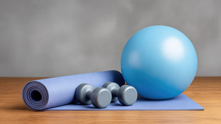 A collection of fitness equipment including a blue yoga ball, dumbbells, and an exercise mat, ideal for home workouts focused on health, wellness, and physical activity.の素材