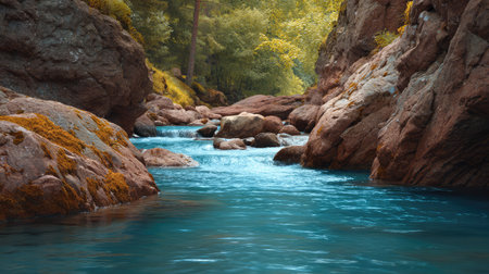 A picturesque view of a tranquil river flowing between rugged rocky formations, surrounded by vibrant greenery, perfect for nature lovers and outdoor enthusiasts.の素材