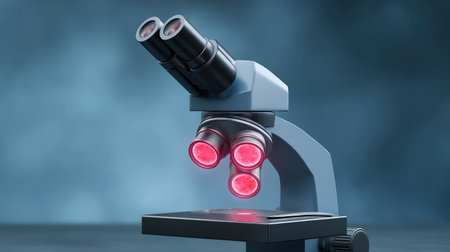 This image showcases a high-detail microscope with glowing lenses, ideal for representing scientific research, laboratory environments, and educational themes in various visual projects.の素材
