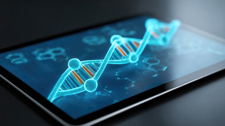 A sleek tablet displays a vibrant digital illustration of a DNA double helix, highlighting the intersection of technology and genetic research with captivating graphics.の素材