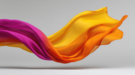A stunning display of flowing silk fabric in vibrant shades of pink and orange, showcasing elegance and movement against a soft gray background for various creative uses.の素材