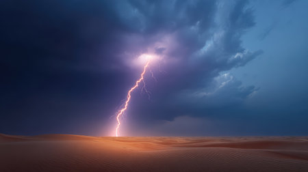 A stunning display of lightning illuminating a vast desert landscape under a dramatic stormy sky, showcasing the power and beauty of nature during a serene twilight.の素材