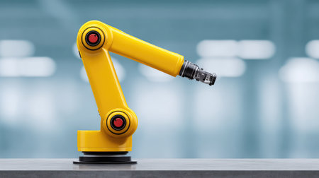 A striking yellow robotic arm exemplifying modern automation technology, prominently displayed against a blurred industrial backdrop, showing the future of manufacturing processes.の素材