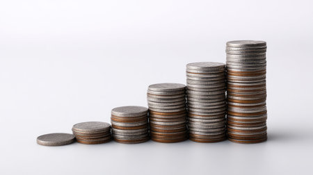 A collection of stacked coins arranged in ascending order, visualizing financial growth and representing sound investment strategies for wealth accumulation and security.の素材