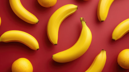 A colorful arrangement of bananas and oranges on a striking red background, showcasing the freshness and appeal of these fruits for food lovers and healthy living enthusiasts.の素材
