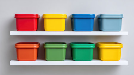 A row of vibrant plastic storage bins displayed on a clean shelf, perfect for organizing various items in a stylish and efficient manner, enhancing any modern space.の素材