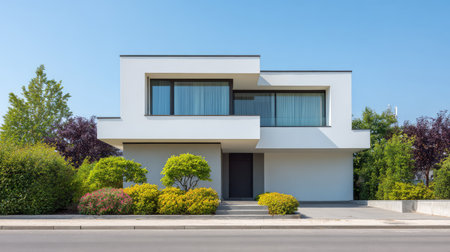 A stunning modern minimalist house features large windows and smooth lines, harmoniously integrating with its lush surroundings under clear blue skies.の素材