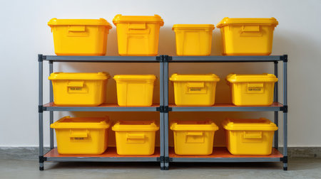 Bright yellow storage bins neatly arranged on a metal rack, perfect for organizing spaces in homes or offices. Ideal for decluttering and maximizing storage efficiency.の素材