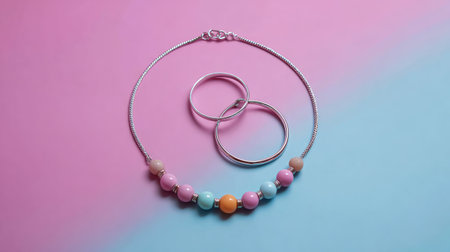 This captivating arrangement features a vibrant beaded necklace and elegant silver hoops, set against a soft pink and blue background, perfect for fashion enthusiasts.の素材