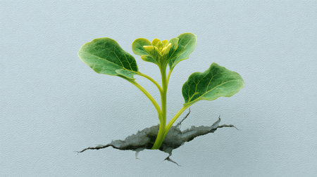 A vibrant green plant breaks through cracked soil, representing resilience and growth in nature. Ideal for themes of sustainability, renewal, and life amidst challenges.の素材