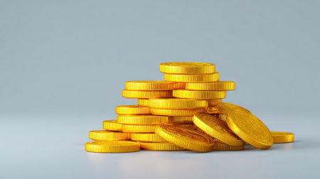 This image features a beautifully arranged pile of golden coins, ideal for illustrating financial themes, wealth-related topics, or investment concepts in creative projects.の素材